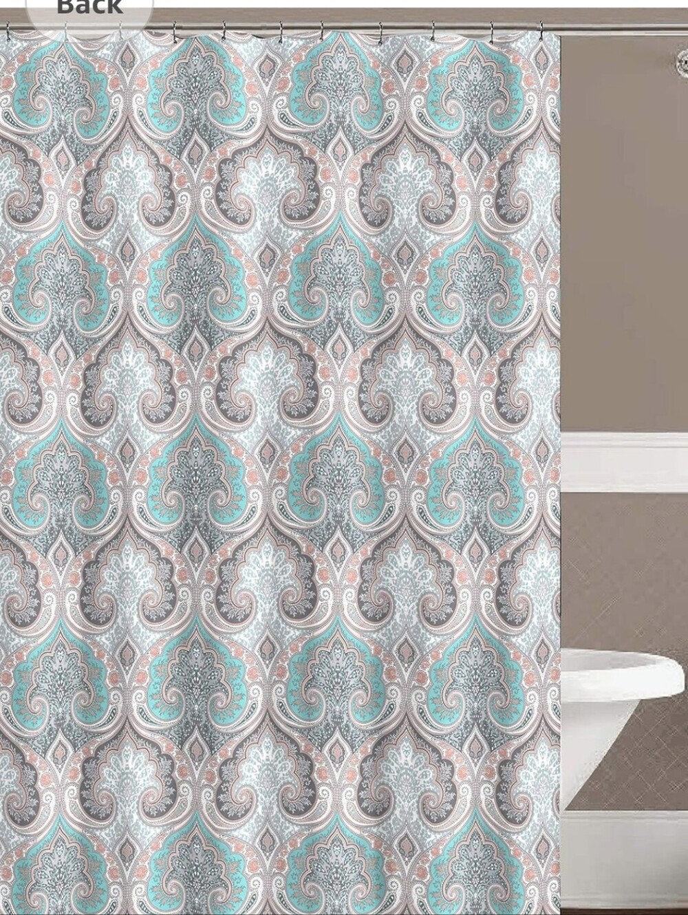 New In Packaging. Turquoise & Coral Paisley Fabric Shower Curtain